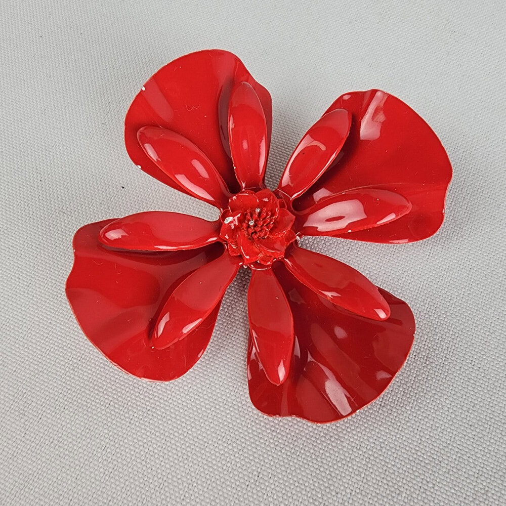 Vintage Red Enamel Flower Brooch